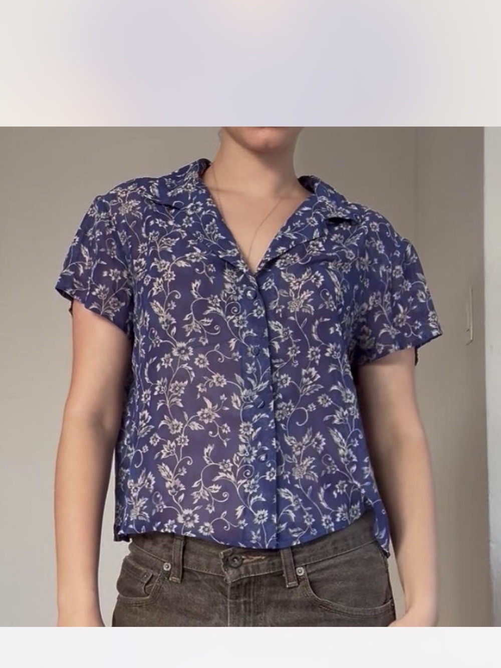 Victoria's Secret Navy Blue Floral Button-Down Semi SheerTop size Medium